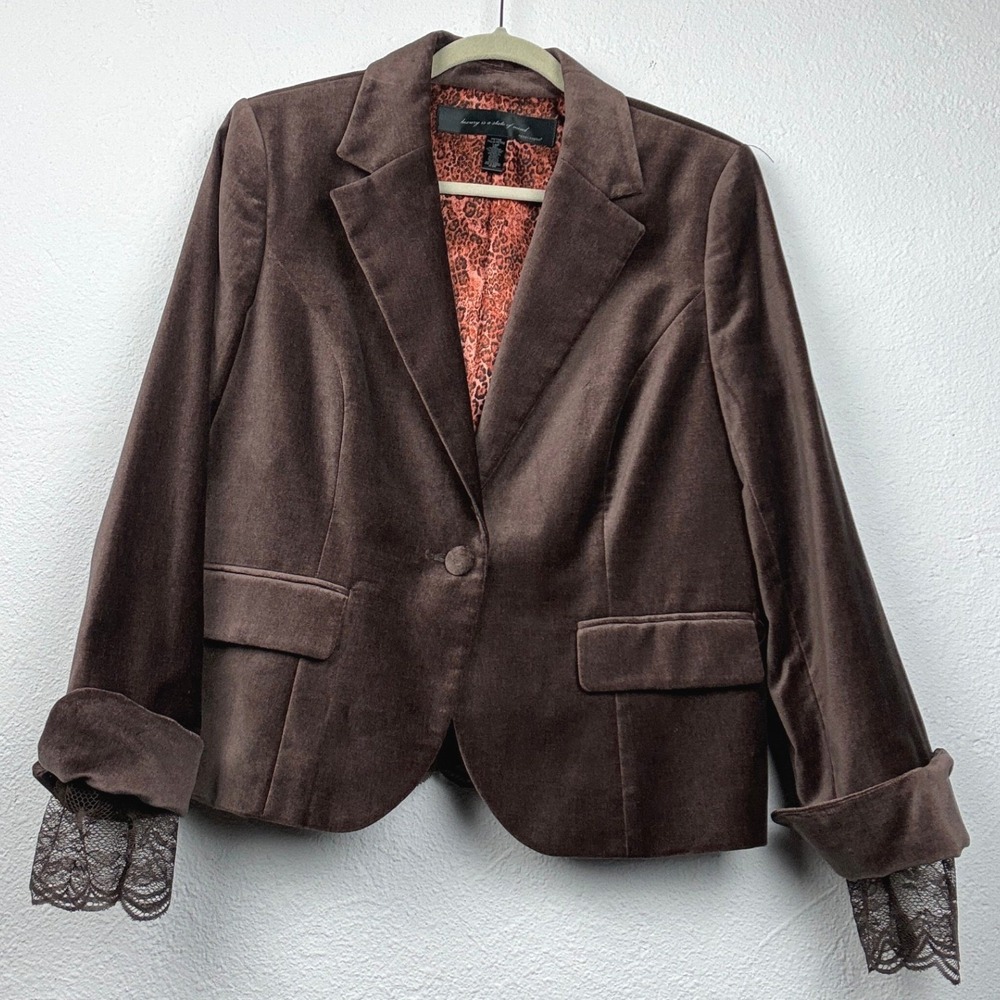 Apostrophe Brown Velvet Blazer - 14P - Lace Trim Leopard Lining Whimsigoth Goth